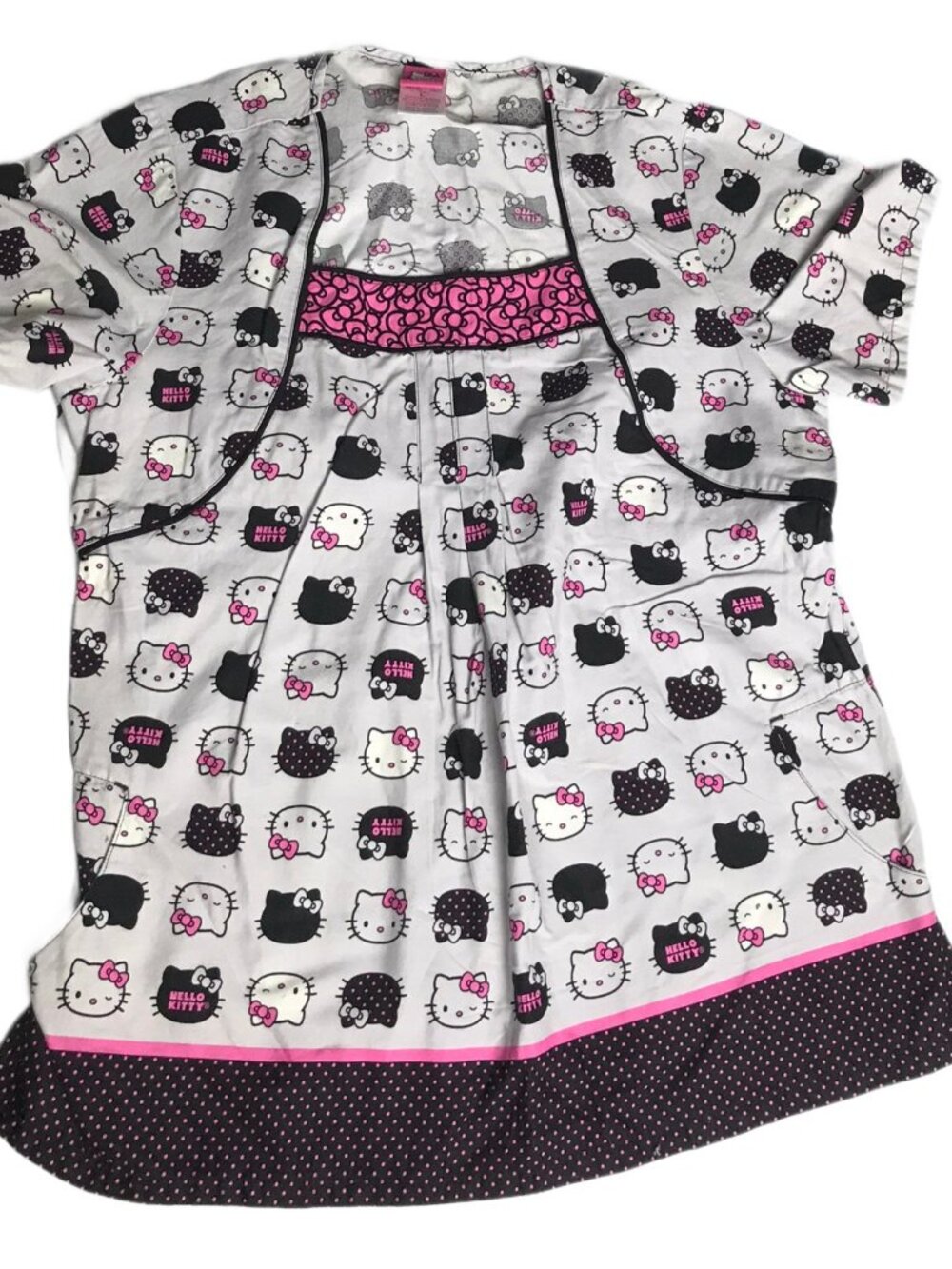 Hello Kitty Scrub Top Womens Large Pink Black White Nurse Medical Uniform Cotton